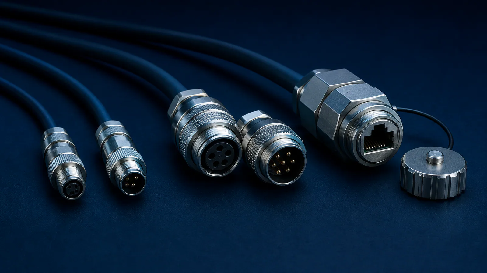 Промышленные разъёмы M8, M12 и защищённый RJ45 рядом с кабельными линиями