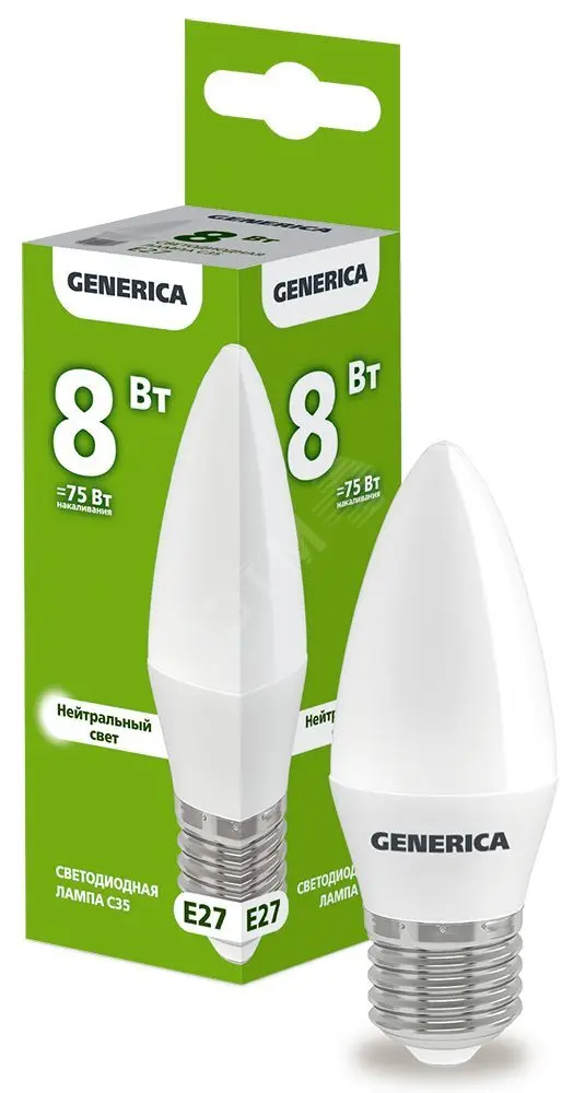 Лампа светодиодная C35 свеча 8Вт 230В 4000К E27 GENERICA LL-C35-08-230-40-E27-G