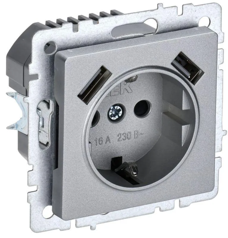 Розетка BRITE РЮш10-2-БрА 16А с USB A+A 3.1А с заземл. защ. шторки алюм. BR-R14-16-U21-D31-K47