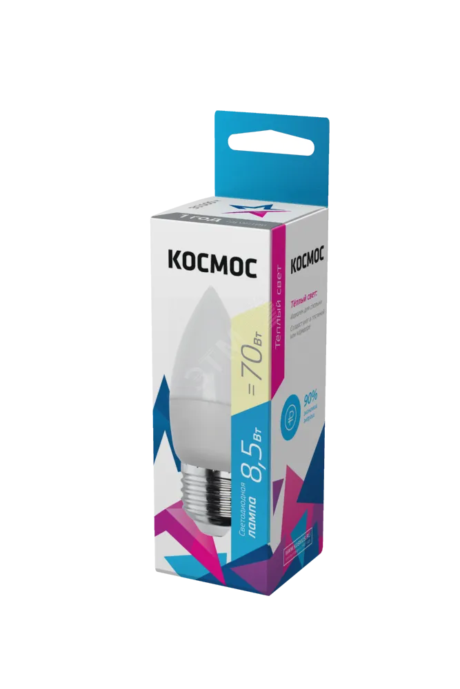 Лампа светодиодная 8.5Вт свеча 3000К тепл. бел. E27 220В КОСМОС LkecLED8.5wCNE2730