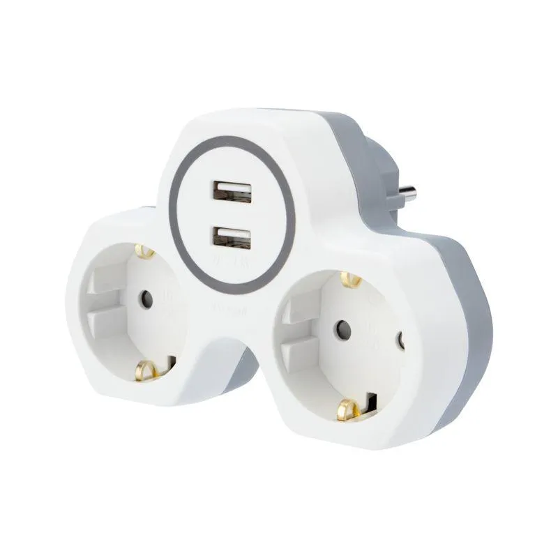 Разветвитель 2-м с заземл. 16А IP20 2хUSB 2.4А защ. шторки бел. 11-1089