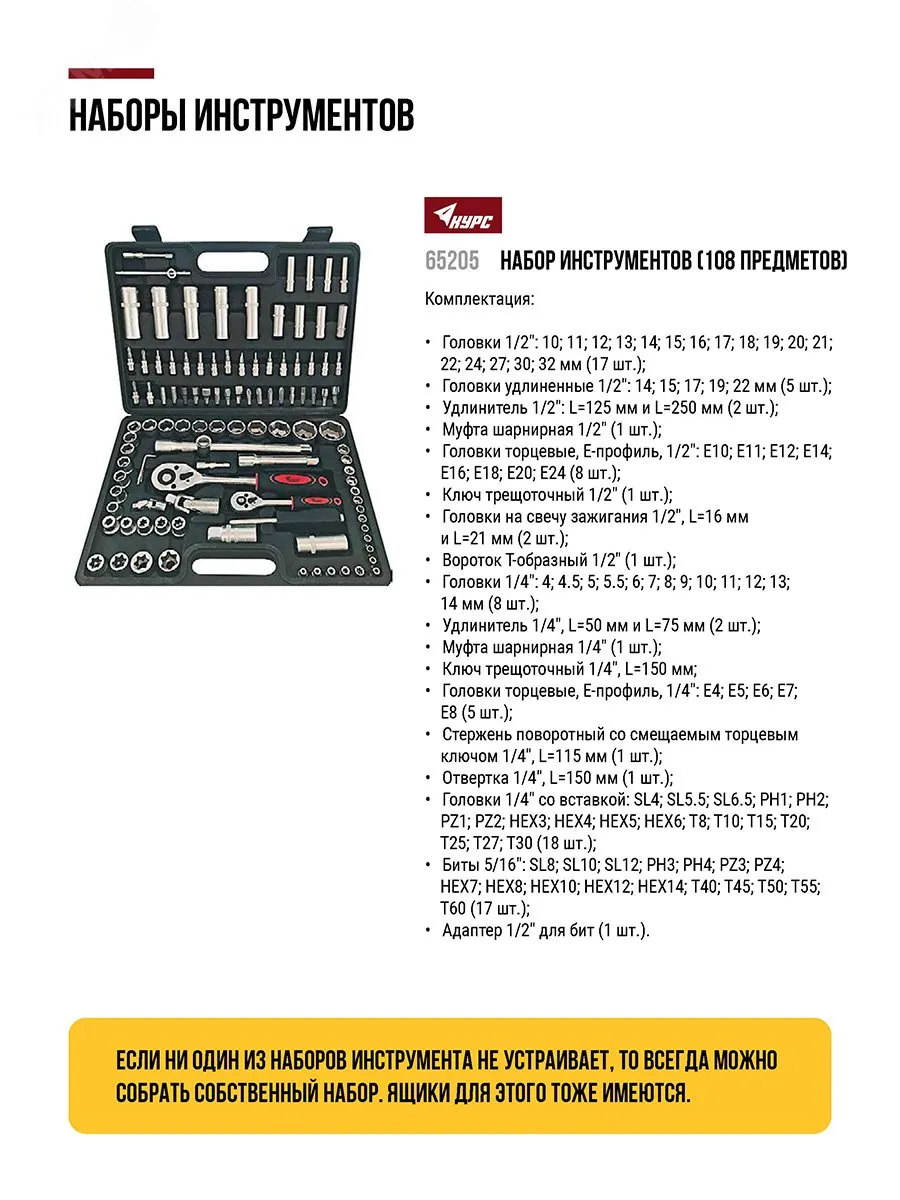 Набор инструмента автомобильный 108 шт CrV 1/2""+1/4"" 65205