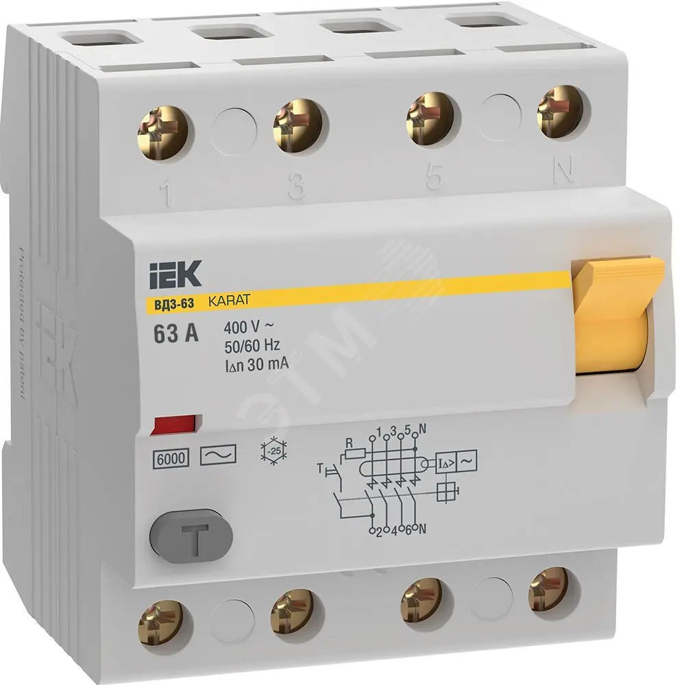 УЗО KARAT ВД3-63 4P 63А 30мА 6кА тип AC MDV20-4-063-030