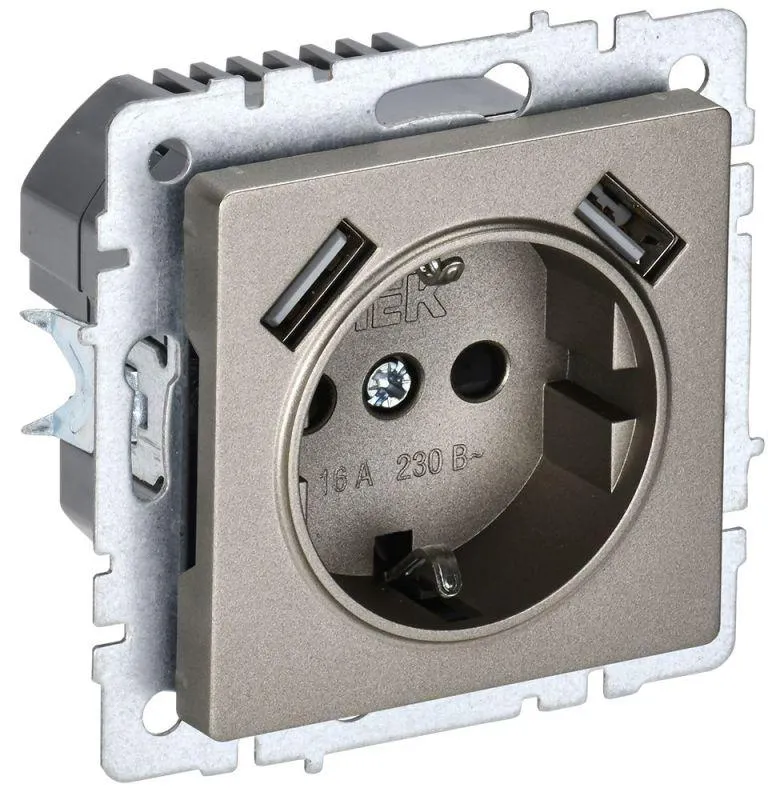 Розетка BRITE РЮш10-2-БрШ 16А с USB A+A 3.1А с заземл. защ. шторки шампань BR-R14-16-U21-D31-K37