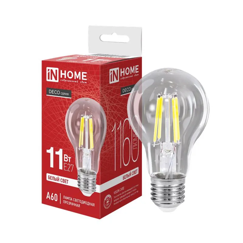 Лампа светодиодная LED-A60-deco 11Вт грушевидная прозрачная 4000К нейтр. бел. E27 1160лм 230В 4690612026145