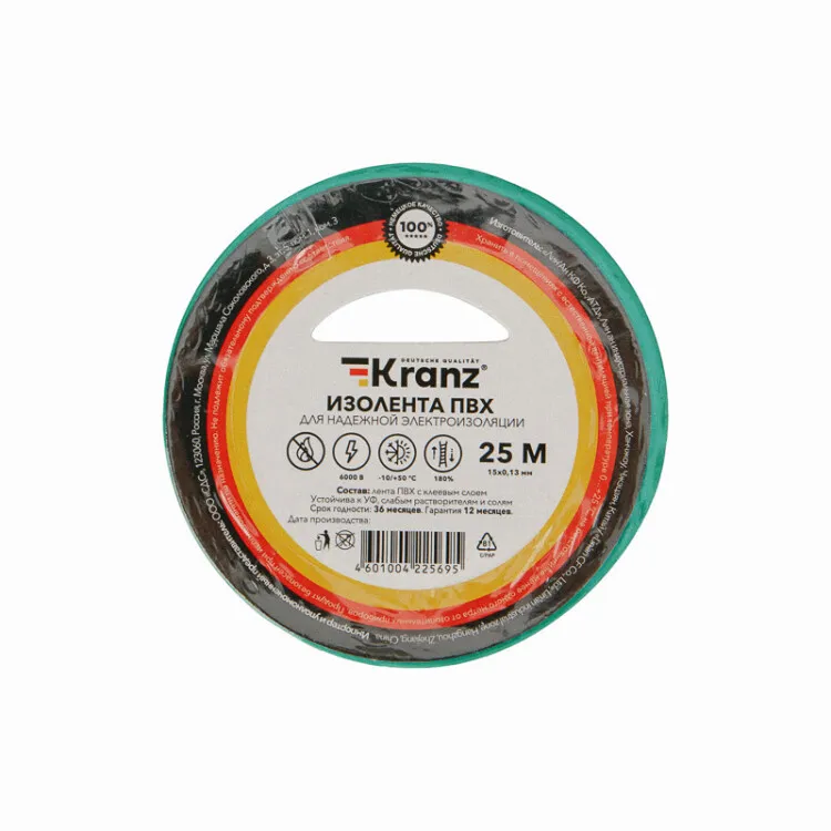 Изолента ПВХ 0,13х15 мм, 25 м, зеленая KRANZ KR-09-2103