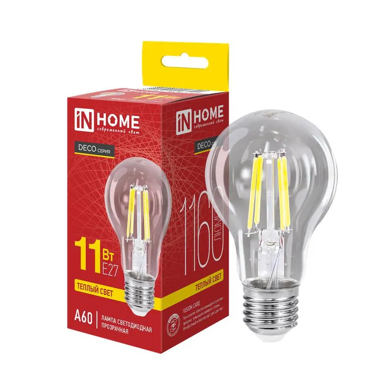 Лампа светодиодная LED-A60-deco 11Вт грушевидная прозрачная 3000К тепл. бел. E27 1160лм 230В 4690612026121