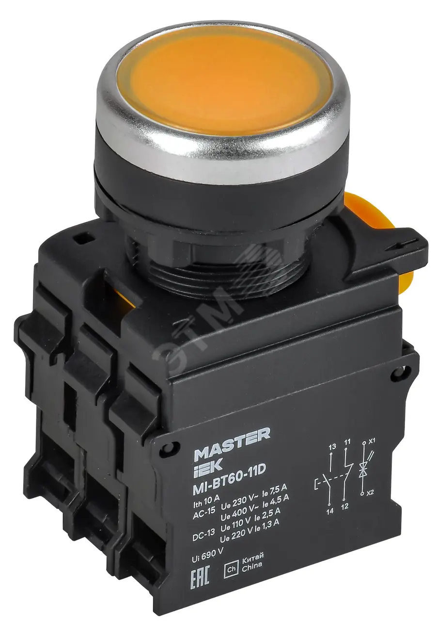 Кнопка с подсветкой d=22мм 1NO+1NC ж-лтая MASTER MI-BT60-11D-3-12-K05