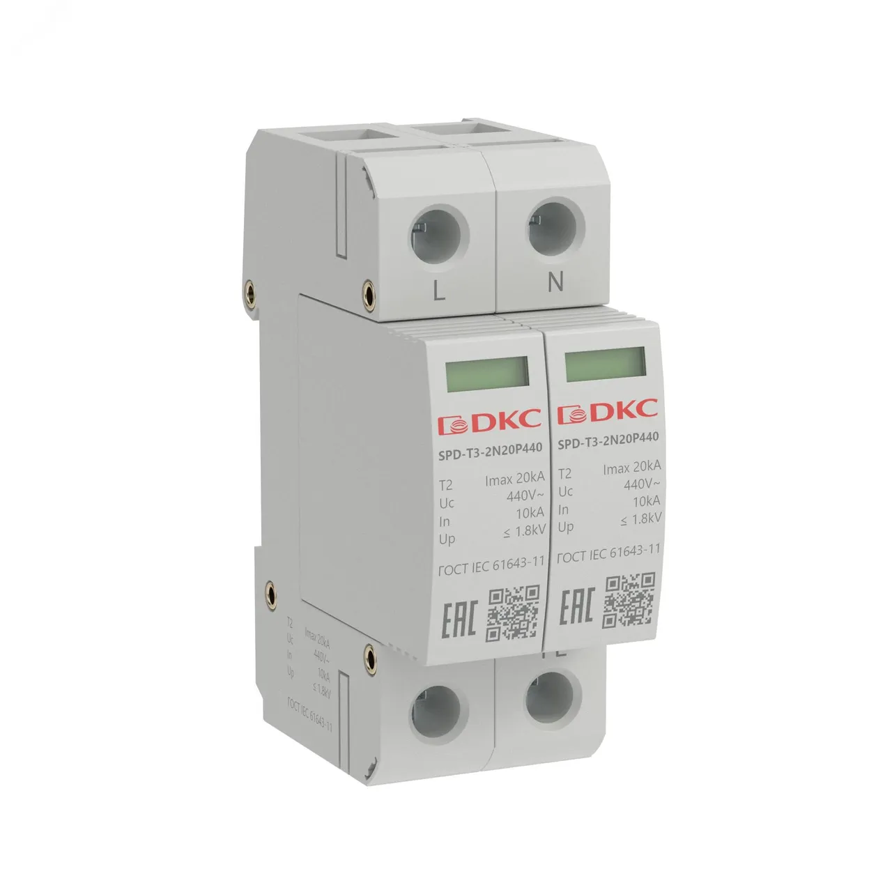УЗИП, тип 3, 2 полюса, Imax 20kA, со сменным      модулем, Un 440V SPD-T3-2N20P440