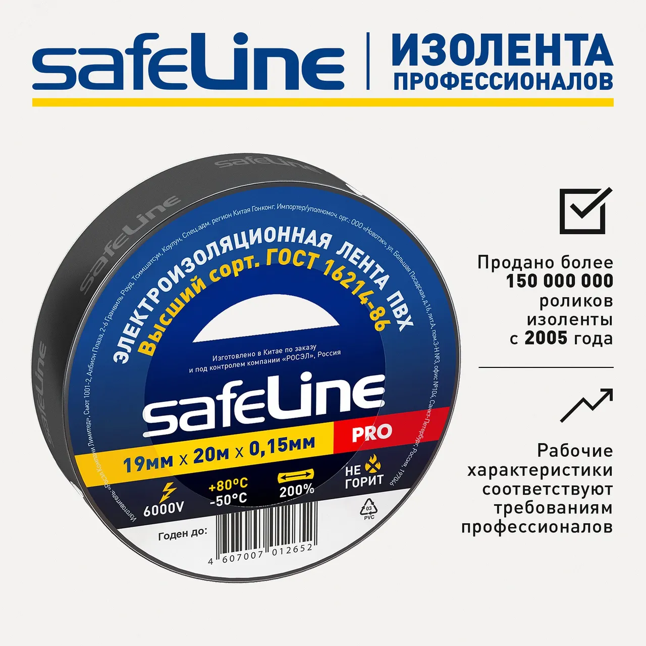 Изолента ПВХ черная 19мм 20м Safeline 9366