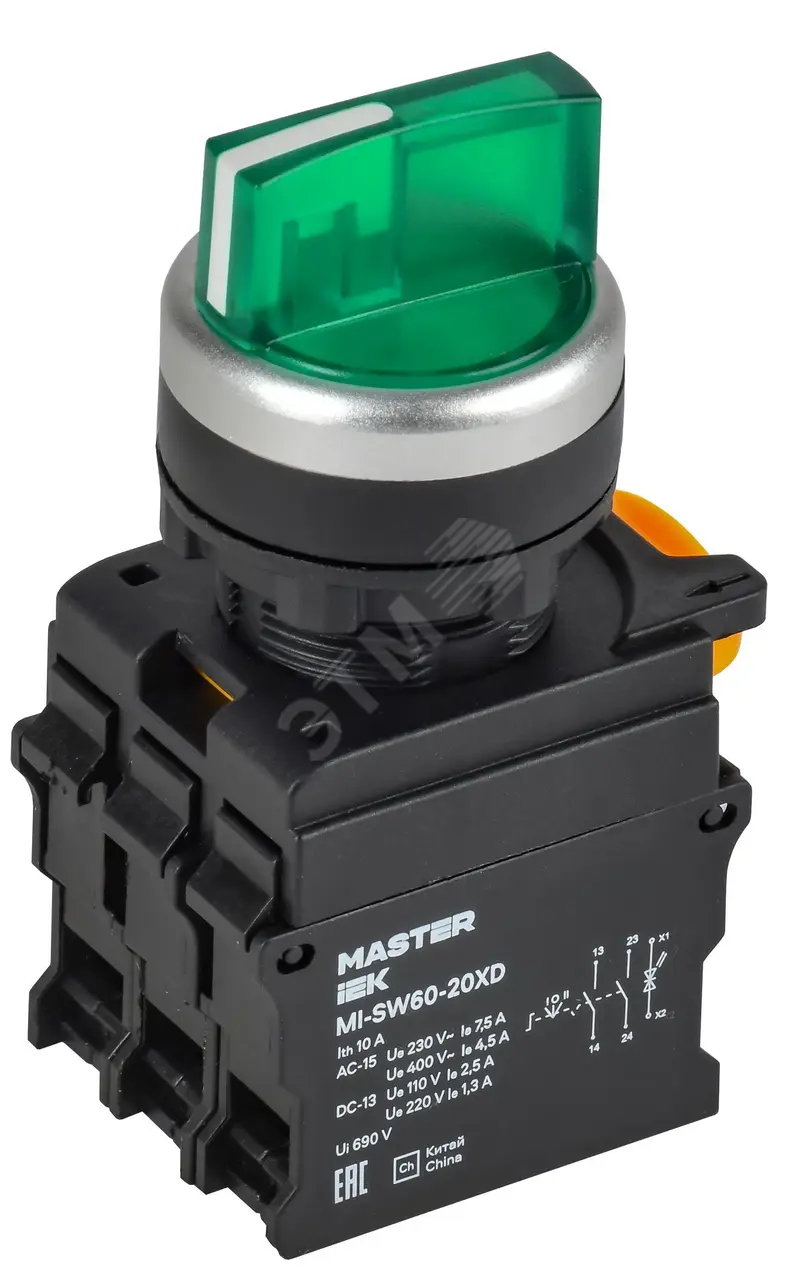 Переключатель с подсветкой 3 полож. 2NO зеленый MASTER IEK MI-SW60-20XD-4-14-3-K06