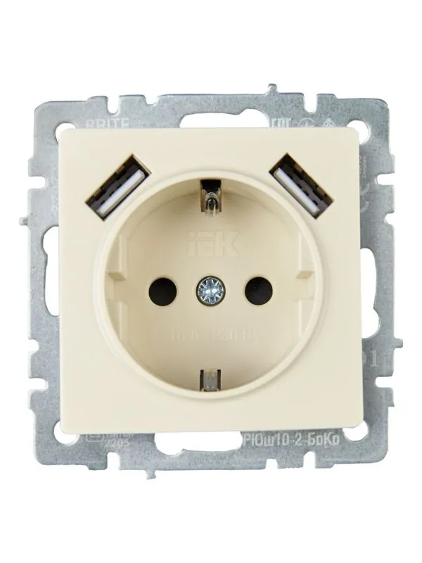 Розетка BRITE РЮш10-2-БрКр 16А с USB A+A 3.1А с заземл. защ. шторки беж. BR-R14-16-U21-D31-K10
