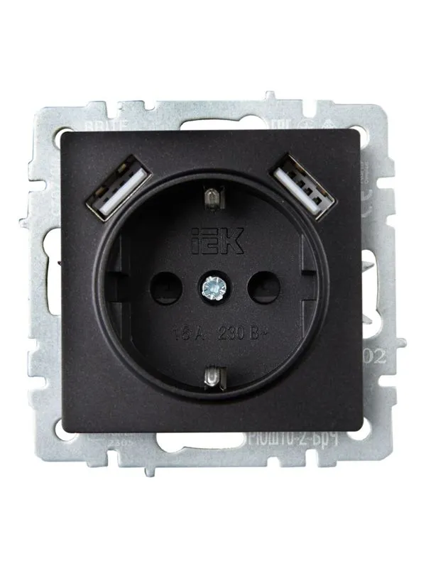 Розетка BRITE РЮш10-2-БрЧ 16А с USB A+A 3.1А с заземл. защ. шторки черн. BR-R14-16-U21-D31-K02