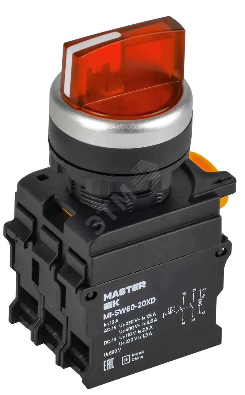 Переключатель с подсветкой 3 полож. 2NO красный MASTER IEK MI-SW60-20XD-4-14-3-K04