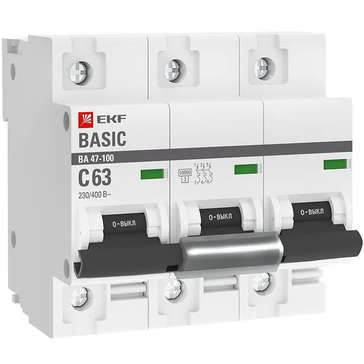 Автоматический выключатель 3P 63А (C) 10kA ВА 47-100 EKF Basic mcb47100-3-63C-bas