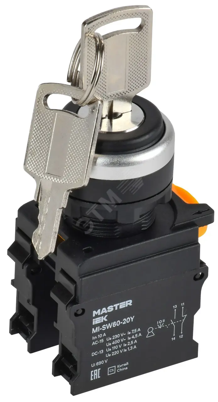 Переключатель с ключом 3 полож. 1NO+1NC ч-рный MASTER IEK MI-SW60-20Y-3-34-3-K02