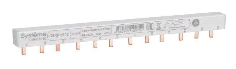 City9 Set Шина гребенчатая 3P (L1L2L3) шаг 18мм 12 модулей 63А C9XPH312