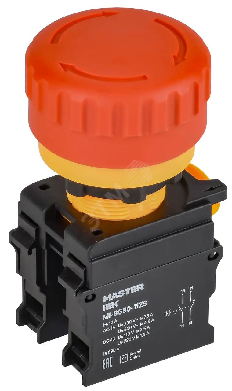 Кнопка Грибок поворот. с фикс. 1NO+1NC красная MASTER MI-BG60-11ZS-3-23-K04