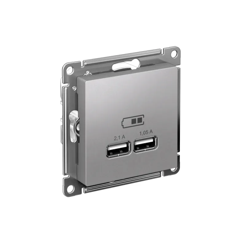 Розетка ATLASDESIGN USB 5В 1 порт x 2,1 А 2 порта х 1,05 А,механизм алюминий ATN000333