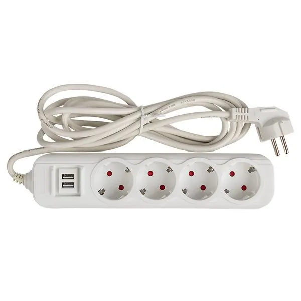 Удлинитель "Эксперт" 4 гнезда 5 метров 13А/3,0кВт с 2 USB 2,1А ПВС 3х1 PROxima UBA16-2USB-4-05i