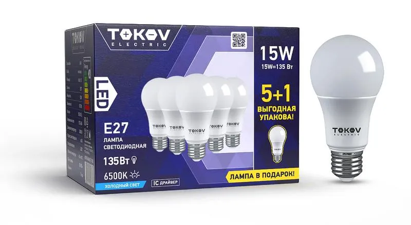 Набор лампа светодиодная 15Вт А60 6500К Е27 176-264В (Promo 5+1 шт) Promo-A60-E27-15-6.5K