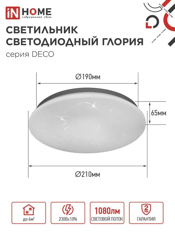 Светильник светодиодный DECO 12Вт 230В 6500К 1080лм 210х65мм ГЛОРИЯ 4690612022222