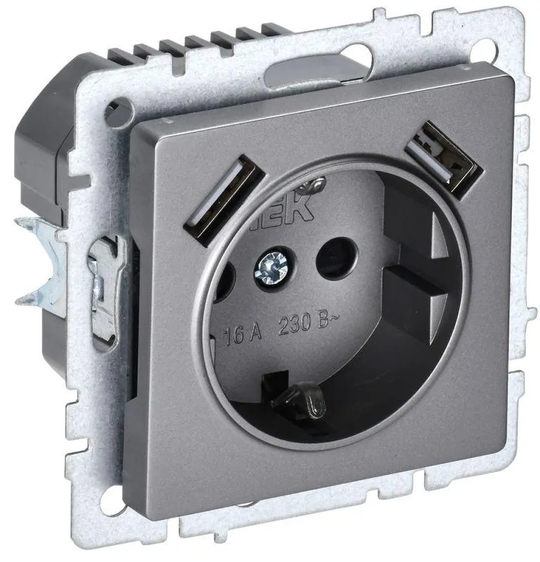 Розетка BRITE РЮш10-1-БрС 16А с USB A+A 2.1А с заземл. защ. шторки сталь BR-R14-16-U21-D21-K46