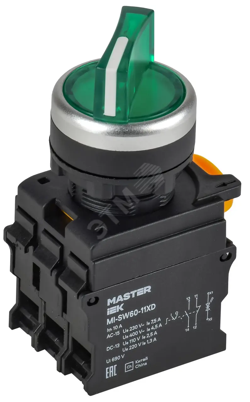 Переключатель с подсв. 2 полож. 1NO+1NC зел-ный MASTER IEK MI-SW60-11XD-3-14-2-K06