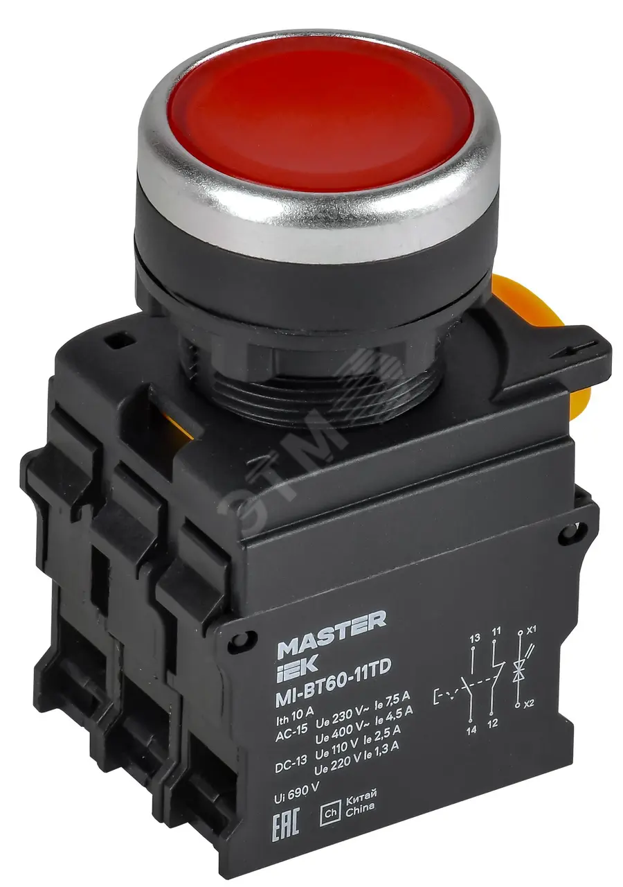Кнопка с подсветкой и фиксацией d=22мм 1NO+1NC красная MASTER IEK MI-BT60-11TD-3-11-K04
