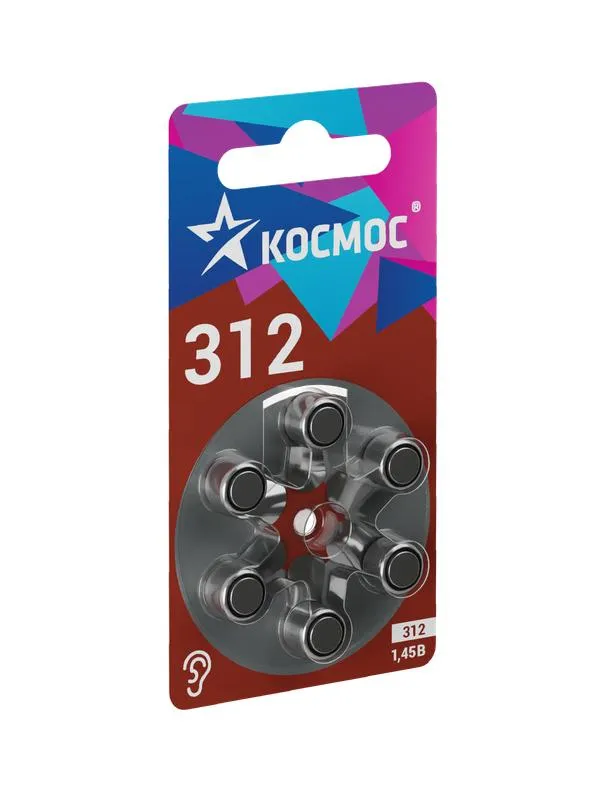 Элемент питания воздушно-цинковая для слуховых аппаратов ZA312 (312 PR41 DA312 V312A) 1.45В (уп.6шт) KOCZA-312BL6