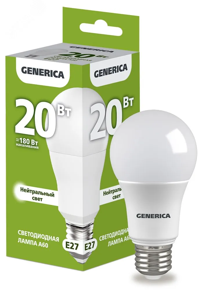 Лампа светодиодная A60 груша 20Вт 230В 4000К E27 GENERICA LL-A60-20-230-40-E27-G