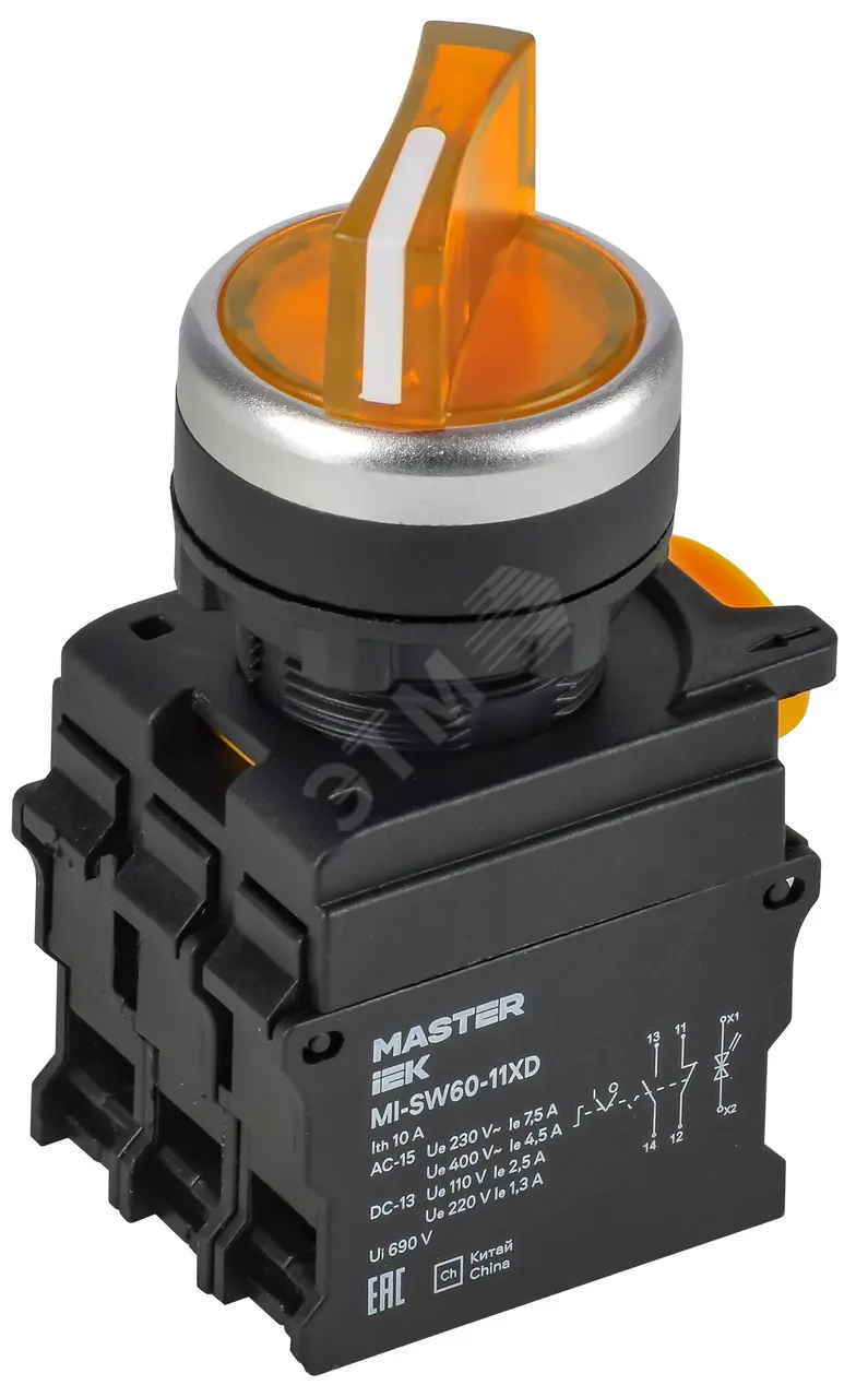 Переключатель с подсв. 2 полож. 1NO+1NC ж-лтый MASTER IEK MI-SW60-11XD-3-14-2-K05