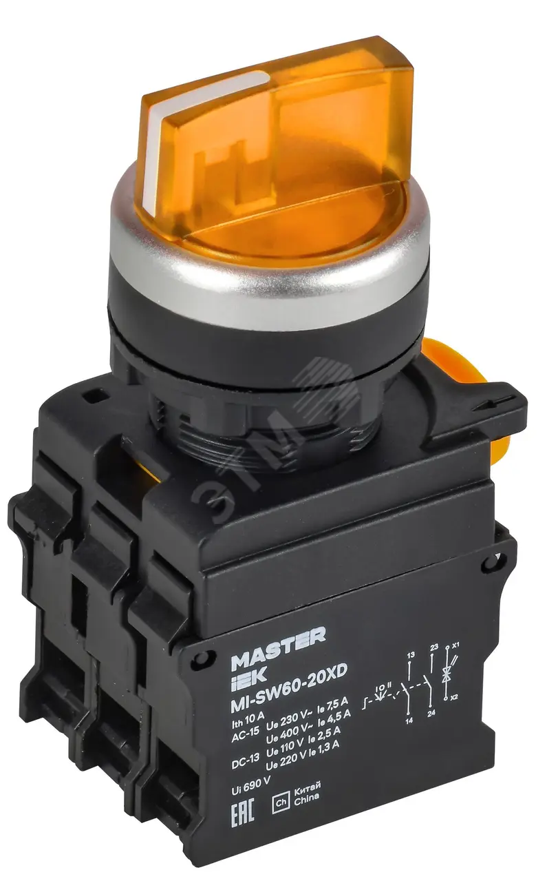 Переключатель с подсветкой 3 полож. 2NO ж-лтый MASTER IEK MI-SW60-20XD-4-14-3-K05