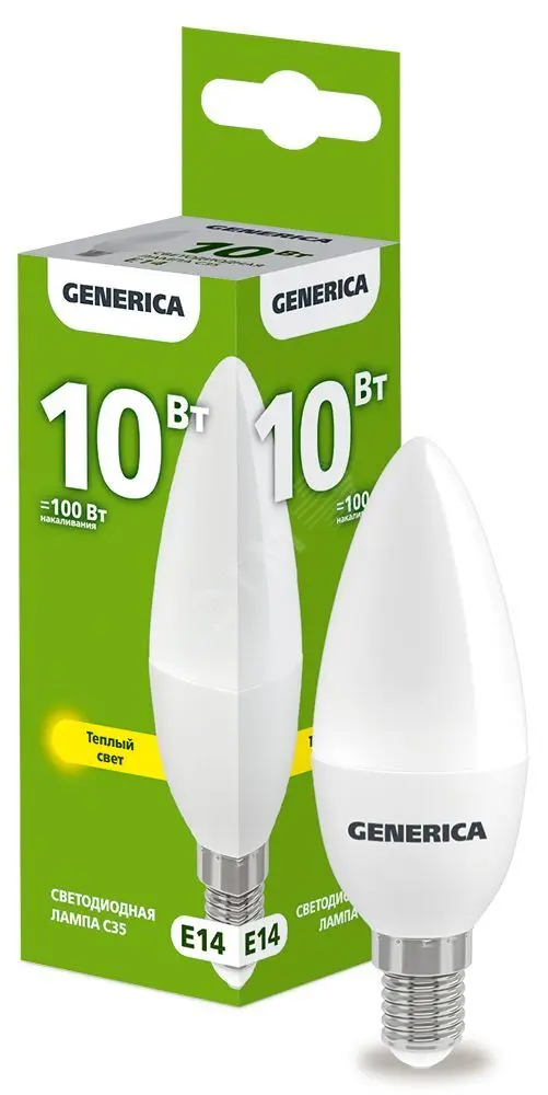 Лампа светодиодная C35 свеча 10Вт 230В 3000К E14 GENERICA LL-C35-10-230-30-E14-G