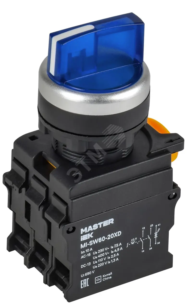 Переключатель с подсветкой 3 полож. 2NO синий MASTER IEK MI-SW60-20XD-4-14-3-K07