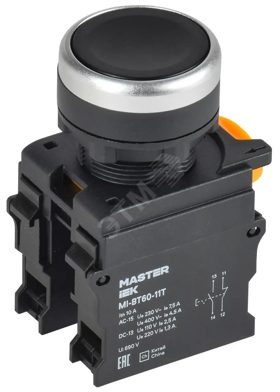 Кнопка с фиксацией d=22мм 1NO+1NC ч-рная MASTER MI-BT60-11T-3-21-K02