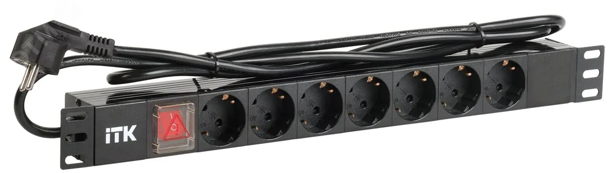 Блок распределения питания PDU 7 розеток DIN49440 с LED выключателем 1U шнур 2м вилка профиль из ПВХ черный (нем.станд) PH12-7D1-P