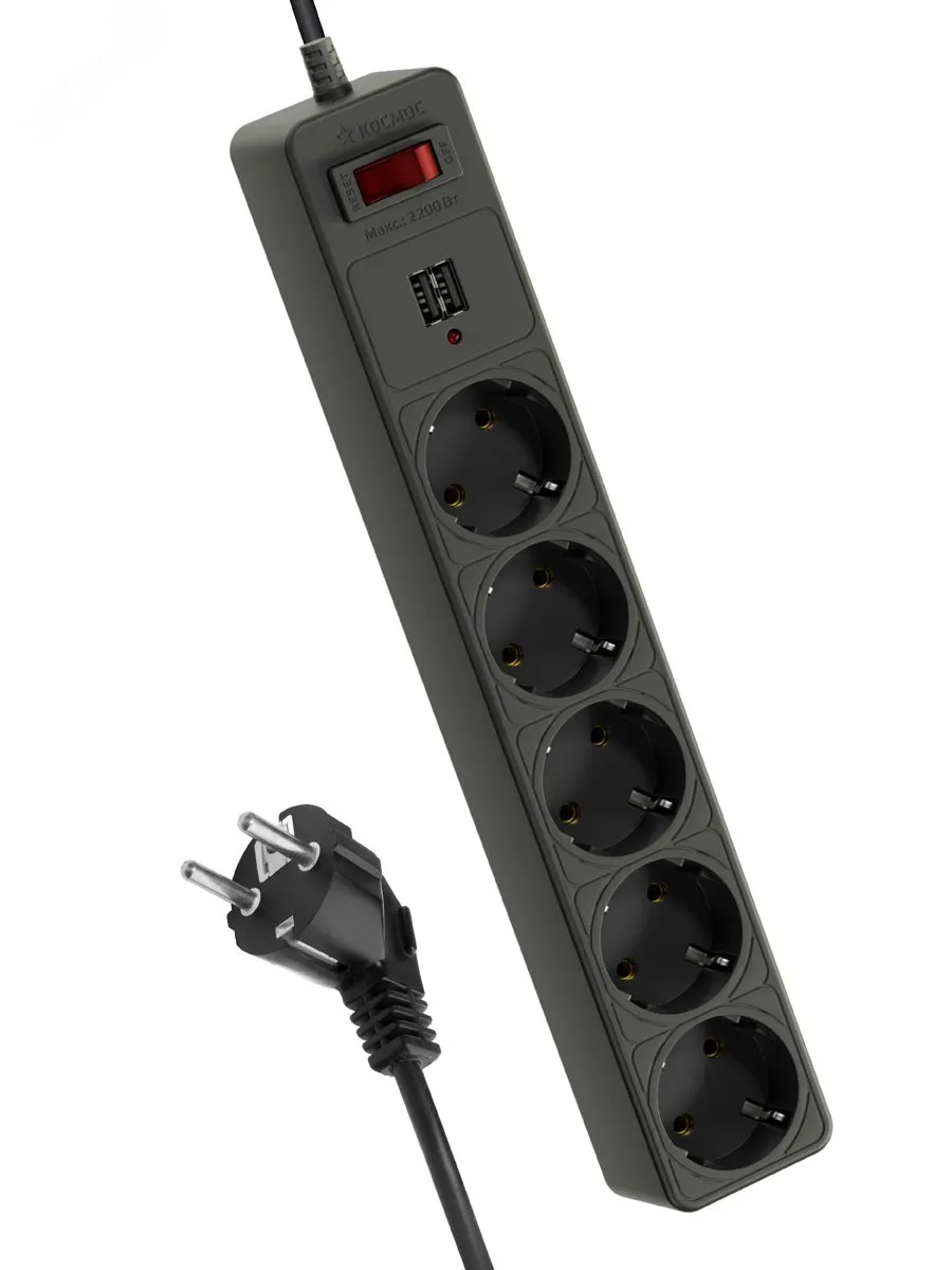Удлинитель с сетевым фильтром 5х3м с заземл. 10А IP20 2.2кВт 2хUSB 3х0.75 с предохранителем FKsm3m-5g(B)USB