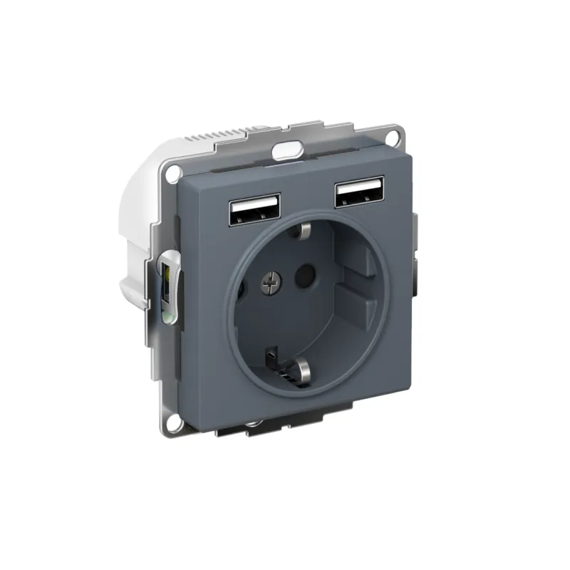 Розетка 1-м СП AtlasDesign 16А IP20 с 2-мя заряд. устройствами USB тип A+A 5В/2.4А 2х5В/1.2А механизм грифель SE ATN000730