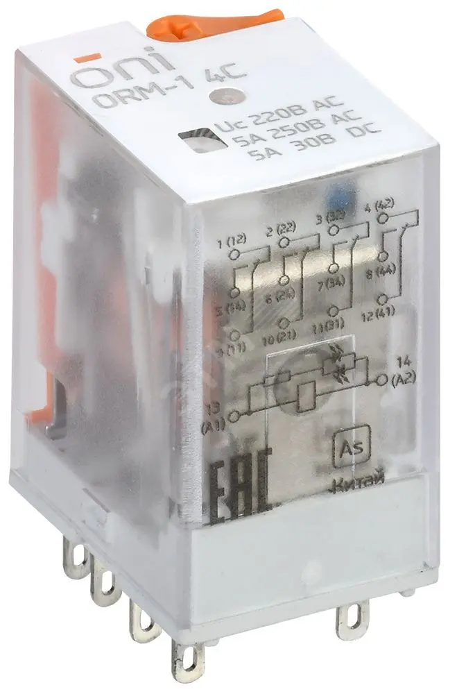 Реле интерфейсное ORM 4C 220В AC со светодиодом и тестовой кнопкой ORM-1-4C-AC220V-L-B