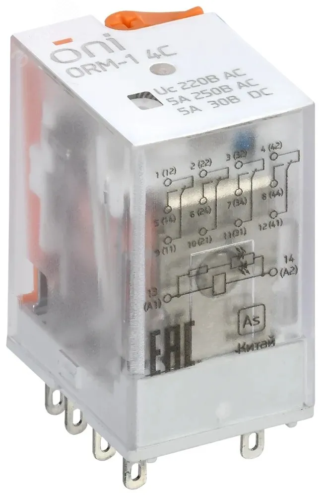 Реле интерфейсное ORM 4C 220В AC со светодиодом и тестовой кнопкой ORM-1-4C-AC220V-L-B