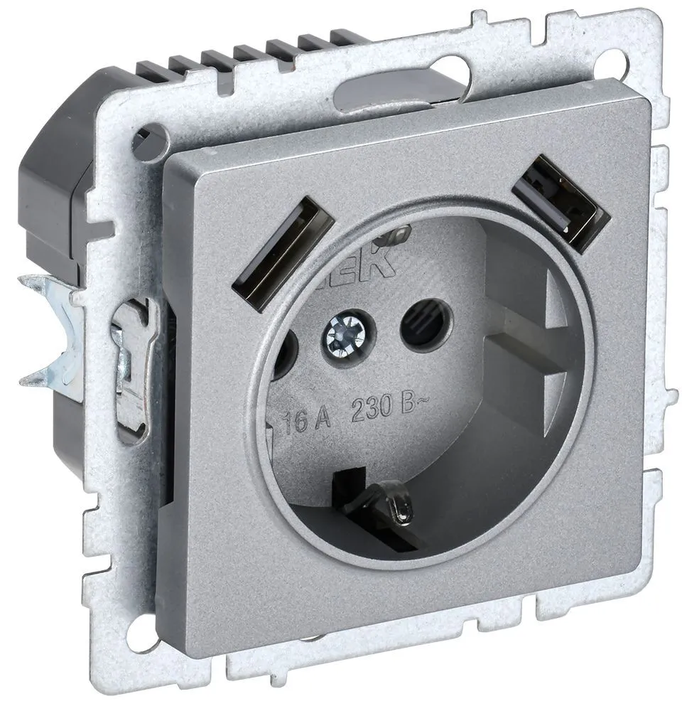 Розетка BRITE РЮш10-1-БрА 16А с USB A+A 2.1А с заземл. защ. шторки алюм. BR-R14-16-U21-D21-K47