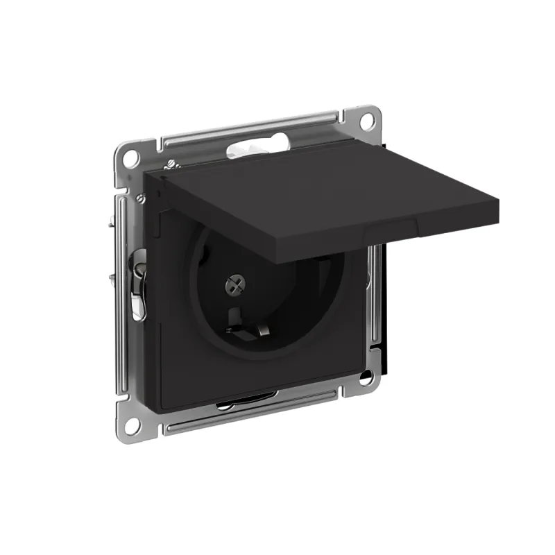 Розетка 1-м СП AtlasDesign 16А IP20 с заземл. защ. шторки с крышкой механизм карбон SE ATN001046