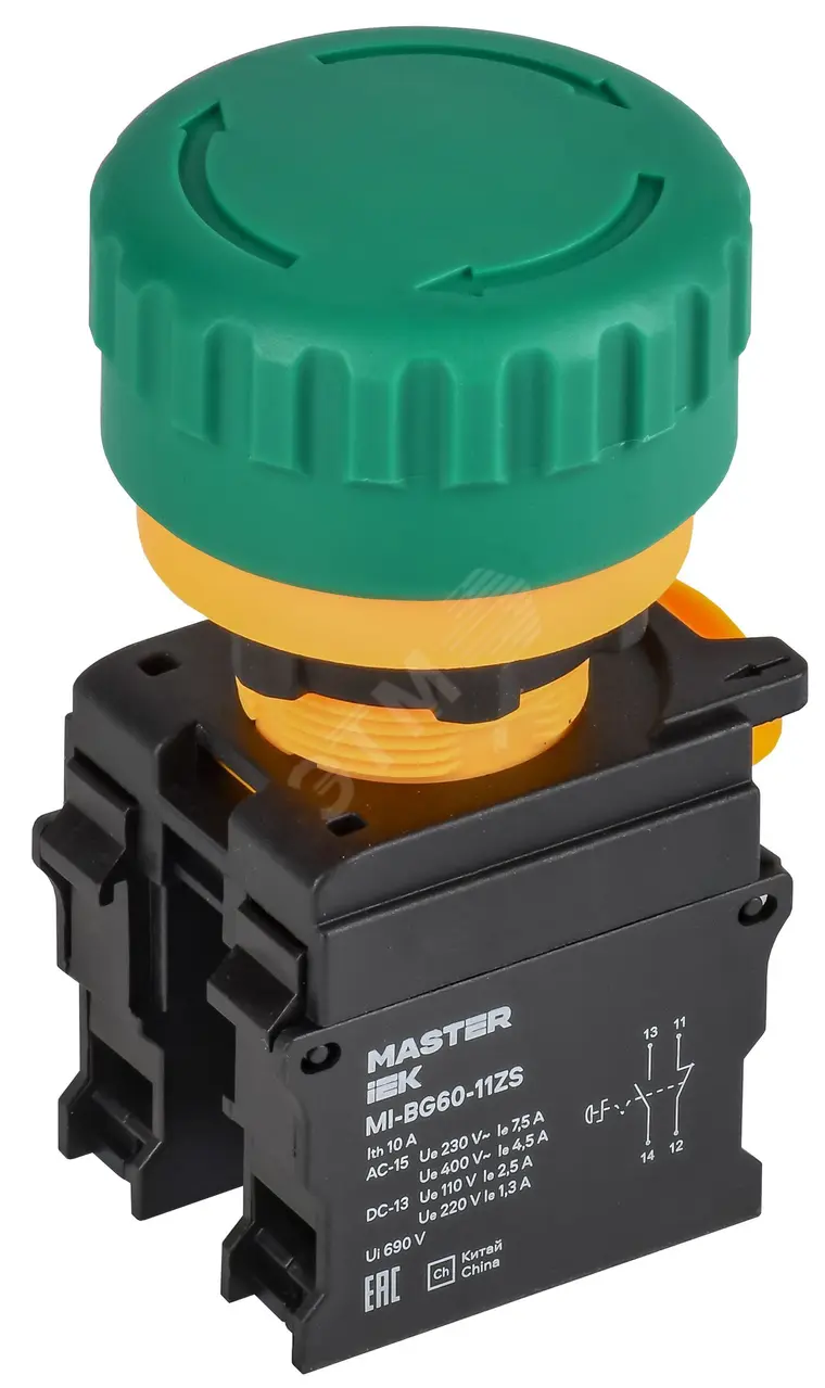 Кнопка Грибок поворот. с фикс. 1NO+1NC зел-ная MASTER MI-BG60-11ZS-3-23-K06
