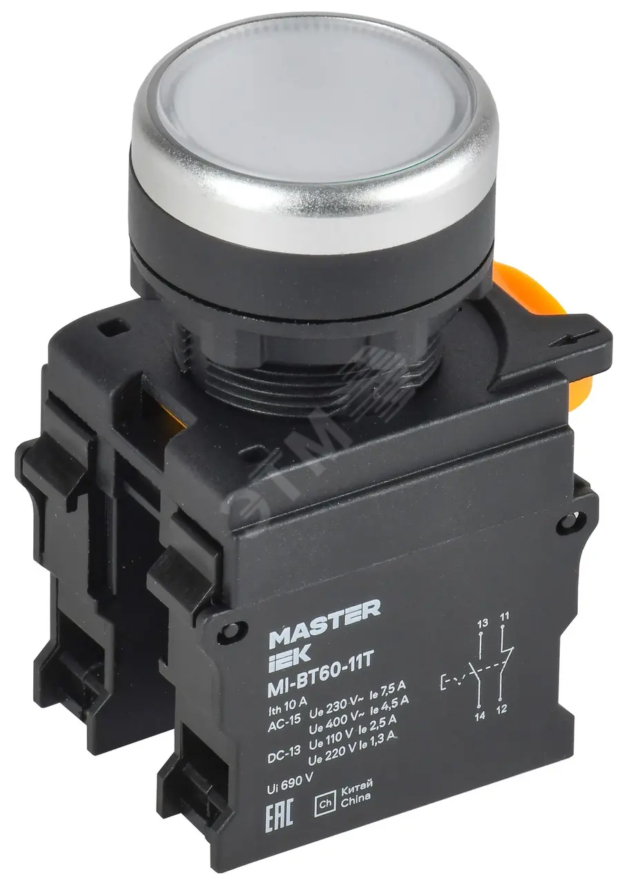 Кнопка с фиксацией d=22мм 1NO+1NC белая MASTER MI-BT60-11T-3-21-K01