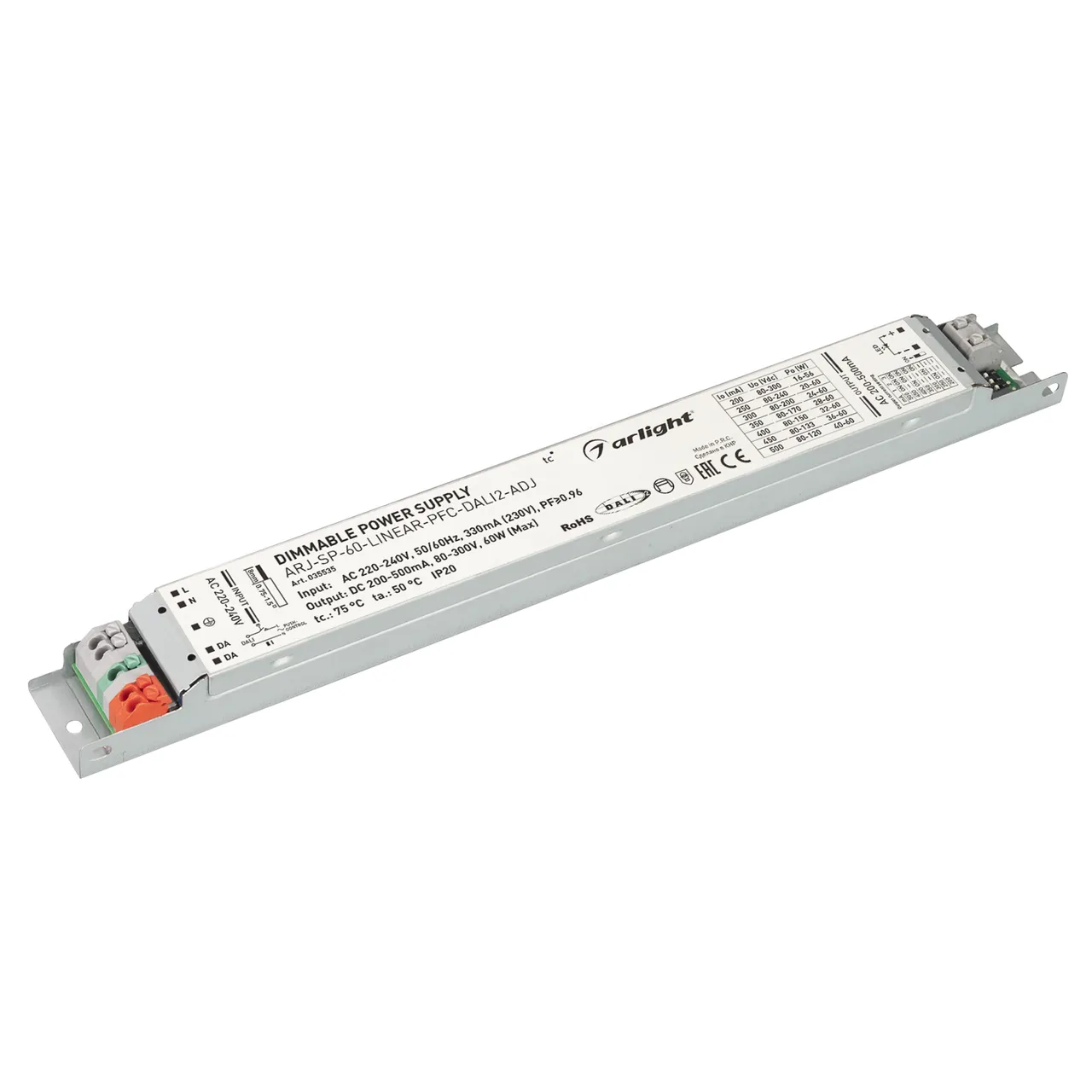 Блок питания ARJ-SP-60-LINEAR-PFC-DALI2-ADJ (60W, 80-300V, 0.2-0.5A) 035535