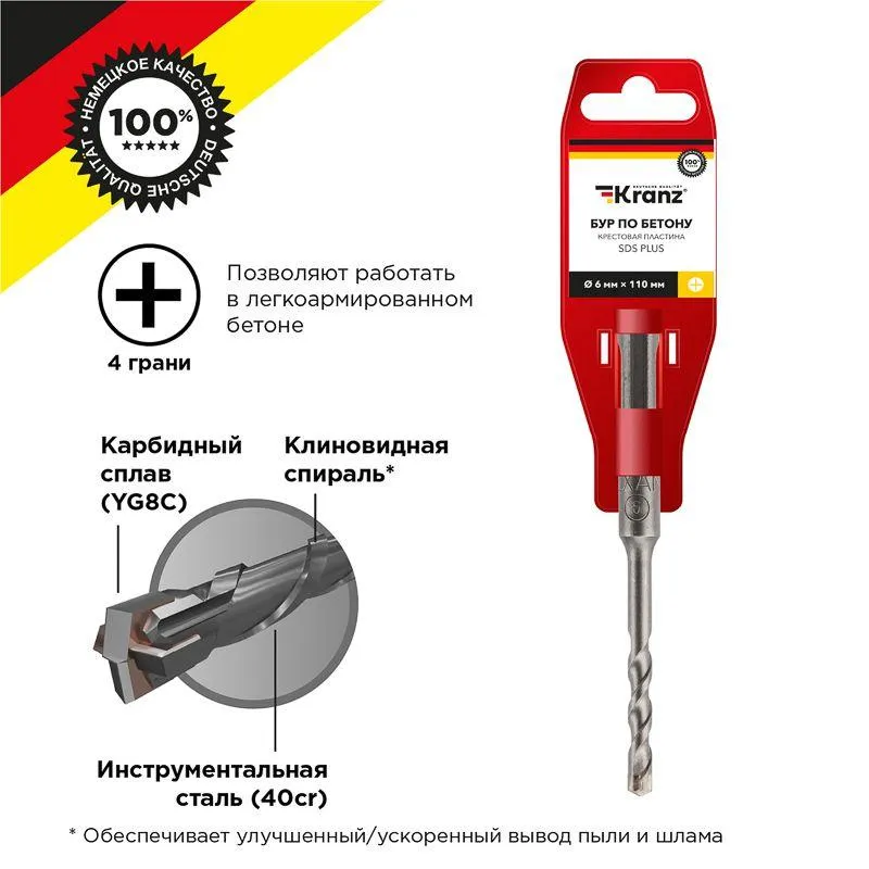 Бур по бетону 6х110мм крестовая пластина SDS PLUS KR-91-0801