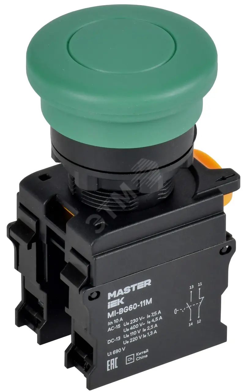 Кнопка ""Грибок"" без фиксации. d - 22 мм 1NO+1NC зел-ная MASTER MI-BG60-11M-3-21-K06