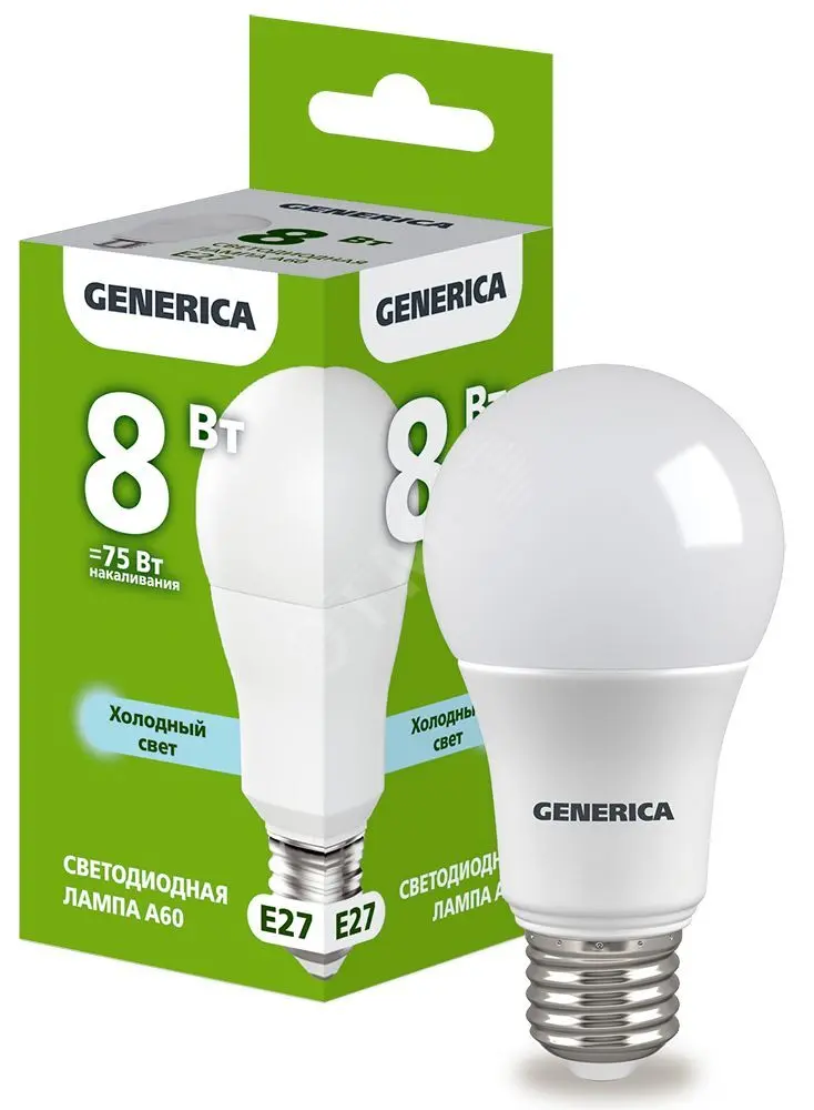 Лампа светодиодная A60 груша 8Вт 230В 6500К E27 GENERICA LL-A60-08-230-65-E27-G