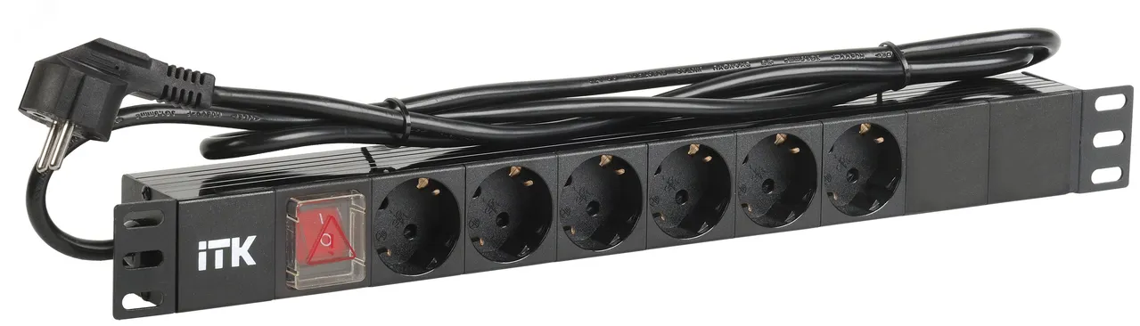 Блок розеток (PDU) 6 розеток DIN49440 с LED выключателем 1U шнур 2м вилка DIN49441 профиль из ПВХ черный (нем.станд) PH12-6D1-P